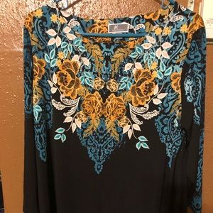 Black blouse W/yellow, teal, gray floral, bling